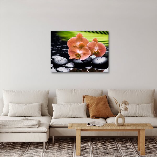 Slika - Narančasta orhideja s palminim lišćem (70x50 cm)
