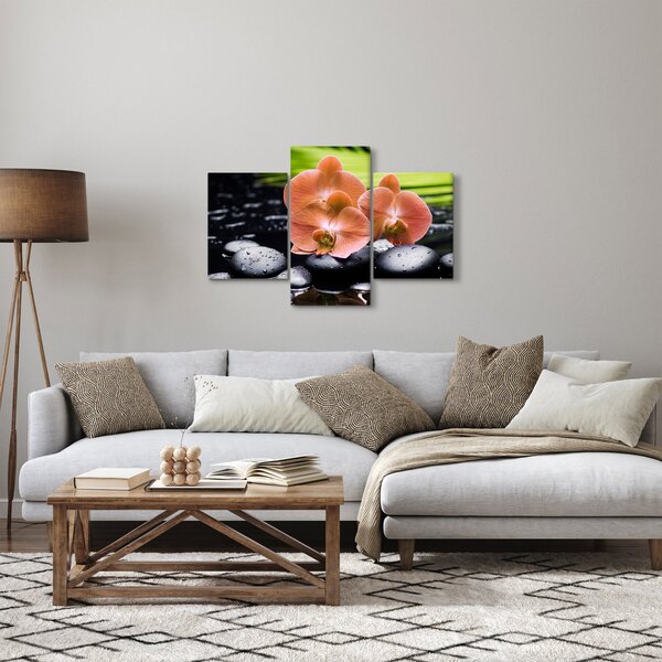 Slika - Narančasta orhideja s palminim lišćem (90x60 cm)