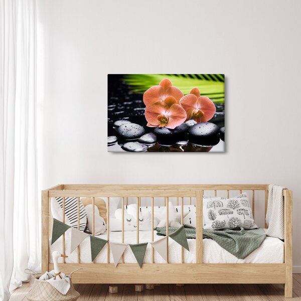 Slika - Narančasta orhideja s palminim lišćem (90x60 cm)