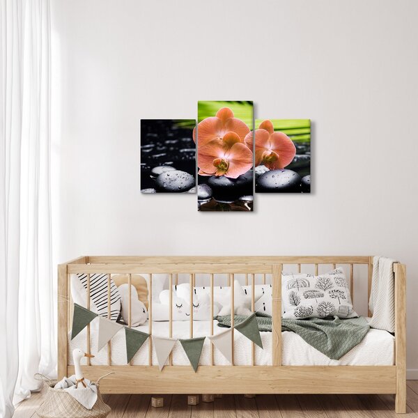 Slika - Narančasta orhideja s palminim lišćem (90x60 cm)