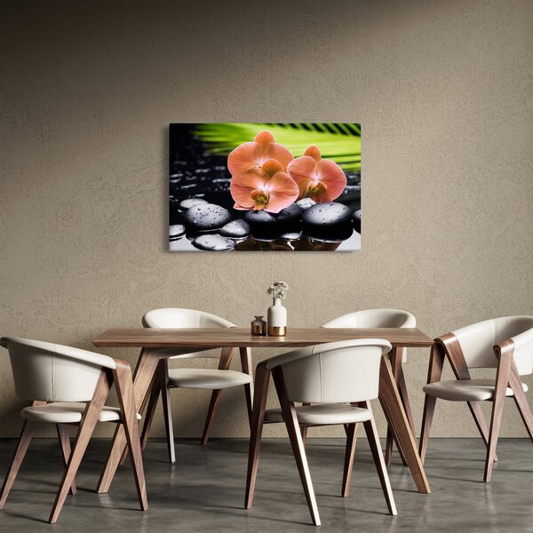 Slika - Narančasta orhideja s palminim lišćem (90x60 cm)