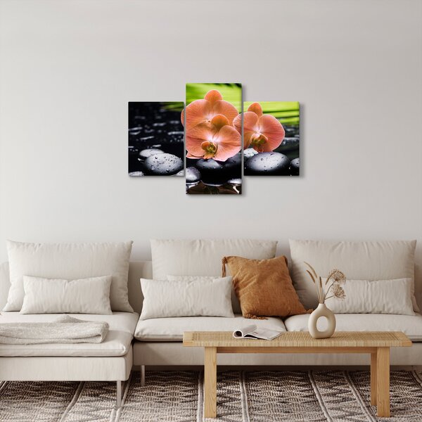 Slika - Narančasta orhideja s palminim lišćem (90x60 cm)