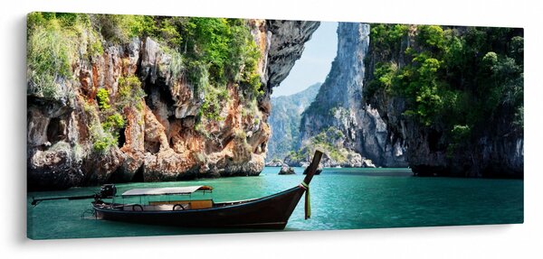 Slika - Vodeni mediteranski krajolik s čamcem (120x50 cm)