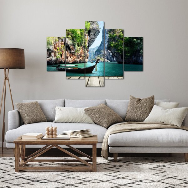 Slika - Vodeni mediteranski krajolik s čamcem (150x105 cm)
