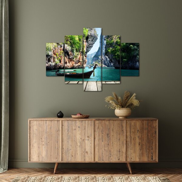 Slika - Vodeni mediteranski krajolik s čamcem (150x105 cm)