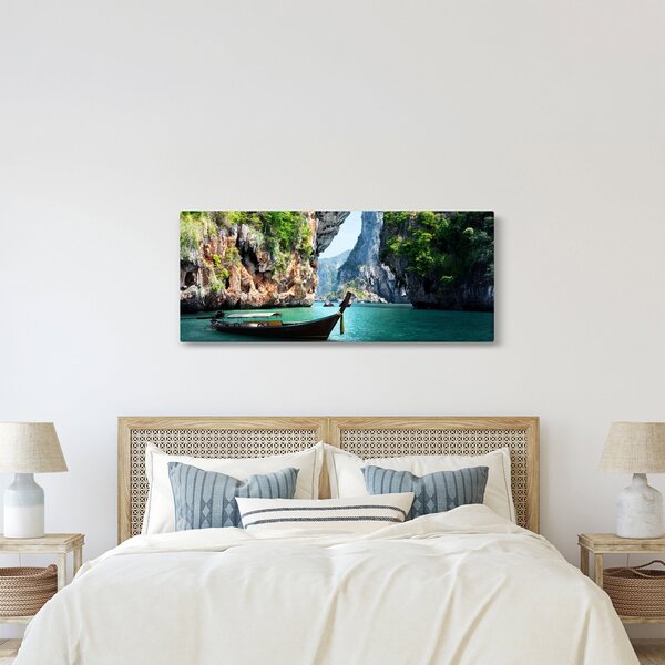 Slika - Vodeni mediteranski krajolik s čamcem (120x50 cm)