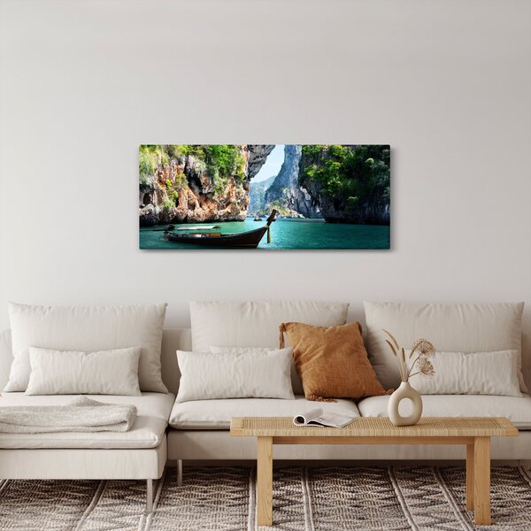 Slika - Vodeni mediteranski krajolik s čamcem (120x50 cm)