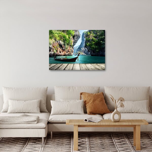 Slika - Vodeni mediteranski krajolik s čamcem (70x50 cm)