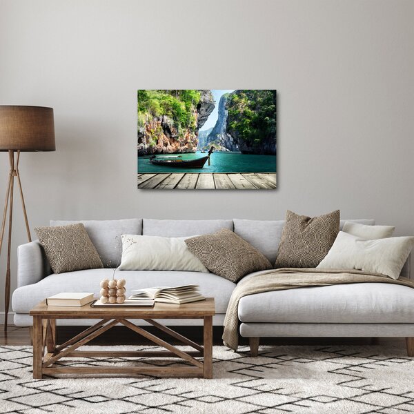 Slika - Vodeni mediteranski krajolik s čamcem (70x50 cm)
