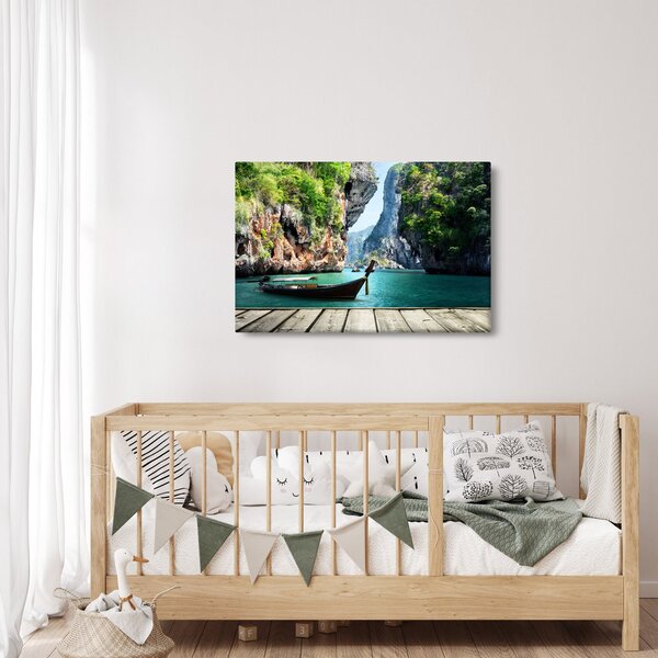 Slika - Vodeni mediteranski krajolik s čamcem (90x60 cm)