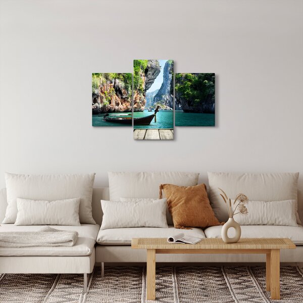 Slika - Vodeni mediteranski krajolik s čamcem (90x60 cm)