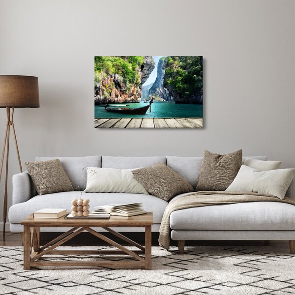 Slika - Vodeni mediteranski krajolik s čamcem (90x60 cm)