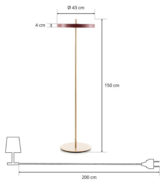 Podne Lampa UMAGE, Asteria Floor, prigušiv, Crvena, Dnevna soba, Metal, Dizajn