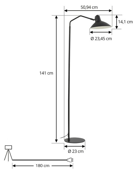 Podne Lampa Lindby, Adrik, Crno, Dnevna soba, Metal, Moderan