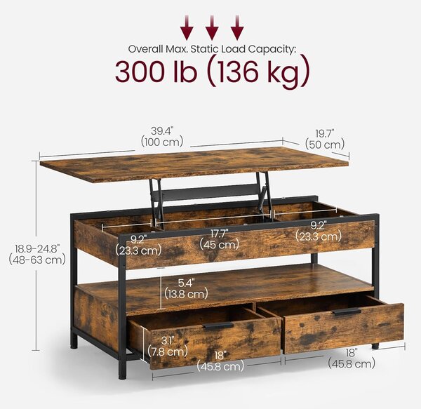 Stolić za kavu s prostorom za pohranu, 50 x 100 x 48-63cm, smeđe-crni | VASAGLE