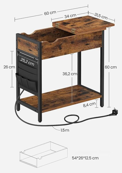 Pomoćni stol s produžnim kabelom i punjačima TAYLOR 60x31,5 cm, rustikalno smeđi