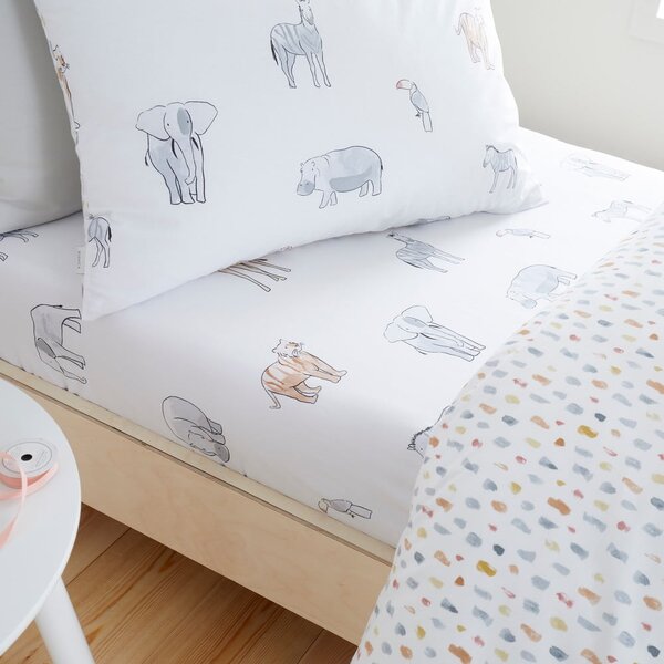 Bijela pamučna dječja plahta s gumom za krevet za jednu osobu 90x190 cm Zoo Animals – Bianca