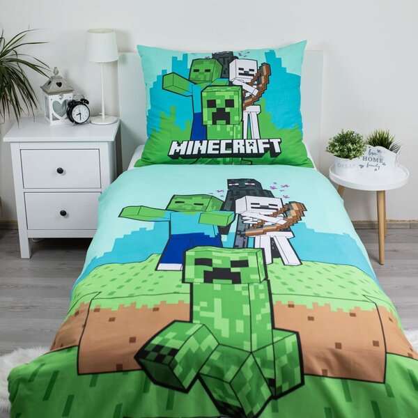 Zelena/plava pamučna dječja posteljina za krevet za jednu osobu 140x200 cm Minecraft "Mobs Here" – Jerry Fabrics