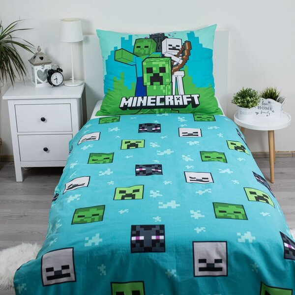 Zelena/plava pamučna dječja posteljina za krevet za jednu osobu 140x200 cm Minecraft "Mobs Here" – Jerry Fabrics