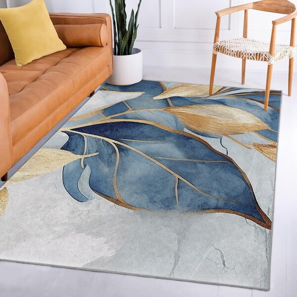 Plavi/u zlatnoj boji perivi tepih 80x150 cm Golden Leaves – Mila Home