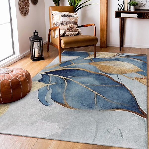 Plavi/u zlatnoj boji perivi tepih 80x150 cm Golden Leaves – Mila Home