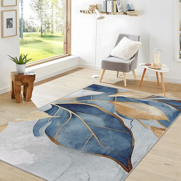 Plavi/u zlatnoj boji perivi tepih 80x150 cm Golden Leaves – Mila Home