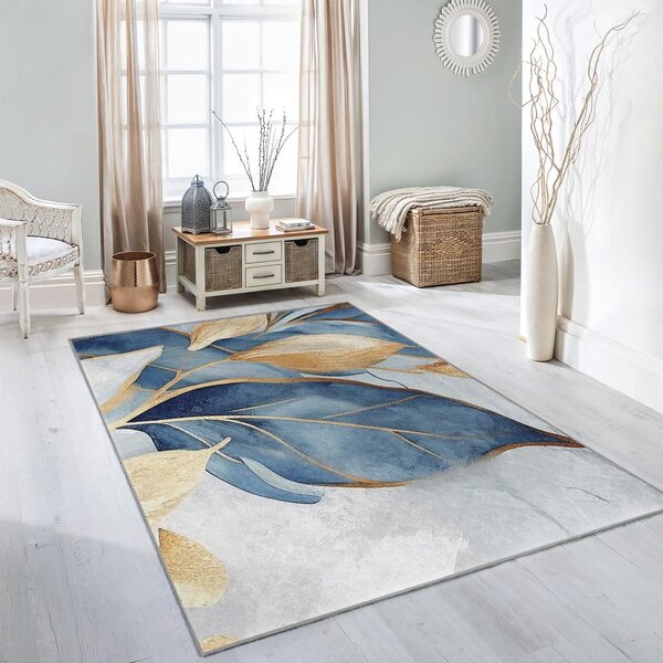 Plavi/u zlatnoj boji perivi tepih 80x150 cm Golden Leaves – Mila Home