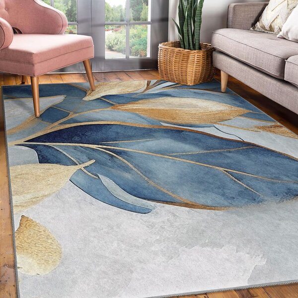 Plavi/u zlatnoj boji perivi tepih 80x150 cm Golden Leaves – Mila Home