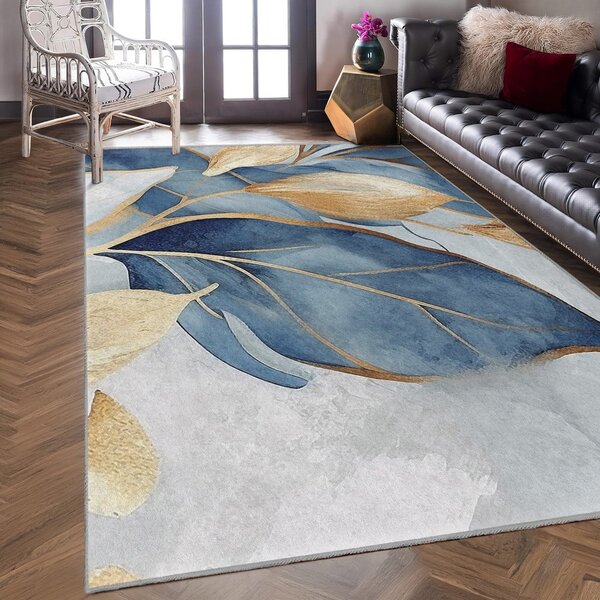 Plavi/u zlatnoj boji perivi tepih 80x150 cm Golden Leaves – Mila Home