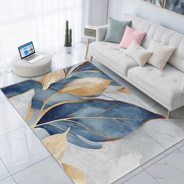 Plavi/u zlatnoj boji perivi tepih 80x150 cm Golden Leaves – Mila Home