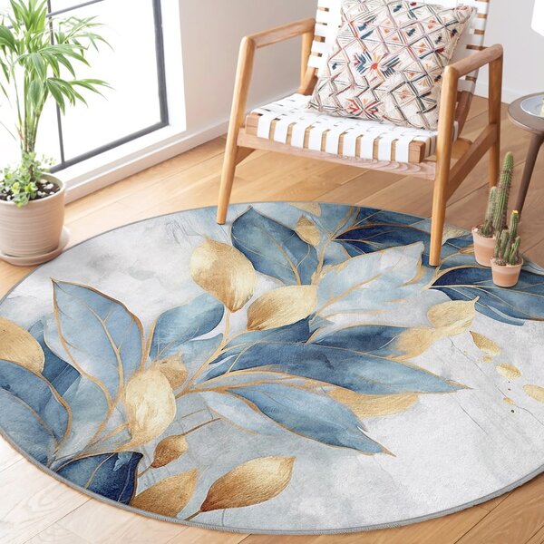 Plavi/u zlatnoj boji perivi okrugao tepih ø 150 cm Golden Leaves – Mila Home