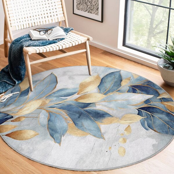 Plavi/u zlatnoj boji perivi okrugao tepih ø 150 cm Golden Leaves – Mila Home