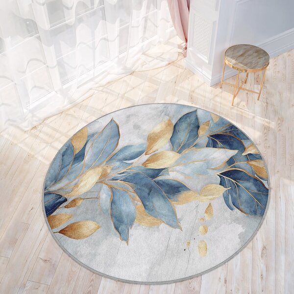 Plavi/u zlatnoj boji perivi okrugao tepih ø 150 cm Golden Leaves – Mila Home