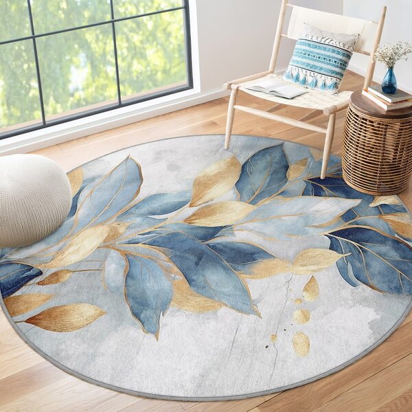 Plavi/u zlatnoj boji perivi okrugao tepih ø 150 cm Golden Leaves – Mila Home