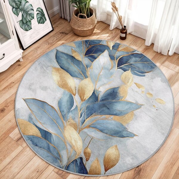 Plavi/u zlatnoj boji perivi okrugao tepih ø 150 cm Golden Leaves – Mila Home