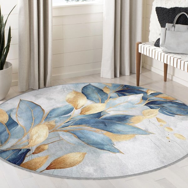 Plavi/u zlatnoj boji perivi okrugao tepih ø 150 cm Golden Leaves – Mila Home