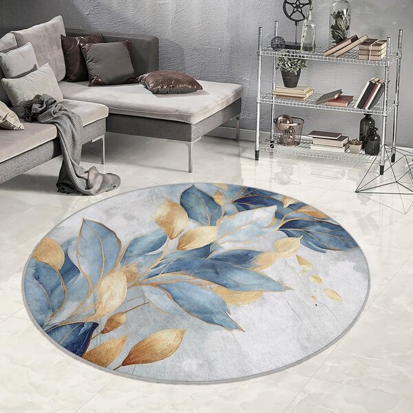 Plavi/u zlatnoj boji perivi okrugao tepih ø 150 cm Golden Leaves – Mila Home