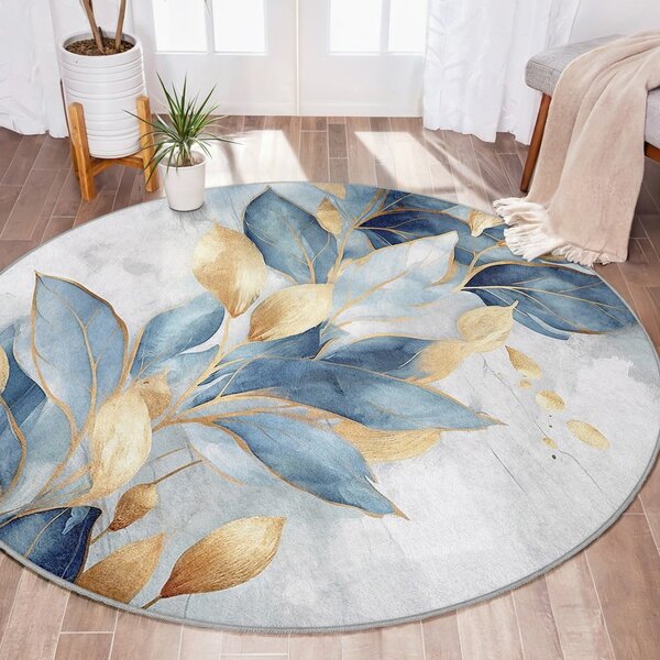 Plavi/u zlatnoj boji perivi okrugao tepih ø 150 cm Golden Leaves – Mila Home