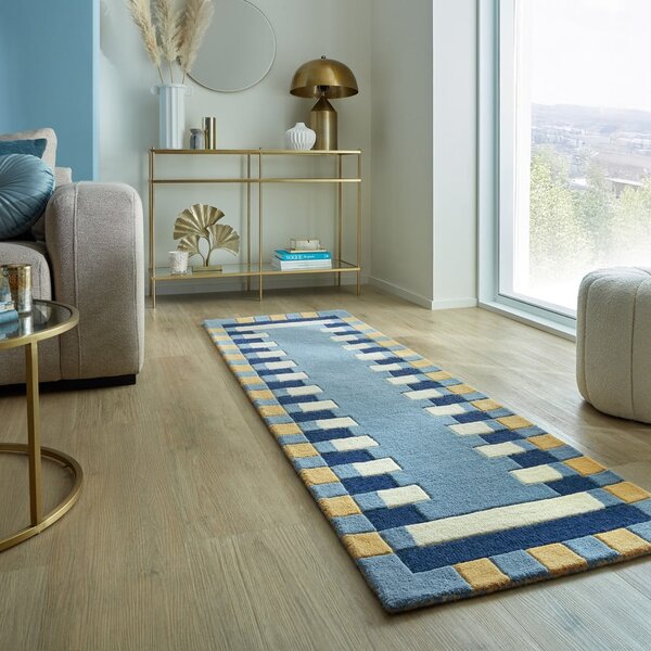 Plava ručno rađena vunena staza 60x230 cm Kai Wool Border – Flair Rugs