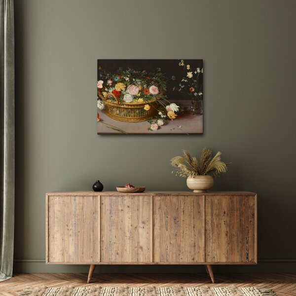 Slika - Jan Brueghel the Elder, Flowers in a Basket and a Vase, reprodukcije (70x50 cm)
