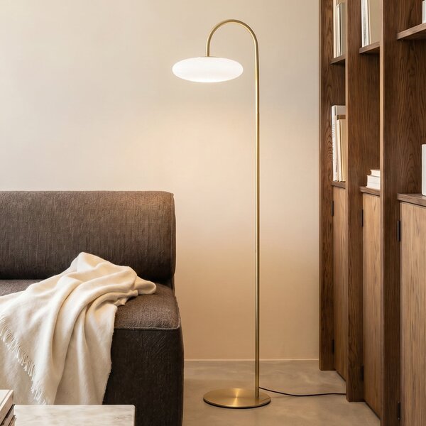 Lucande Tenebra LED podna lampa, 150 cm, mesing/bijela, staklo, prigušiva, Zlato / mjed, Dnevni boravak/blagovaonica, Mjed