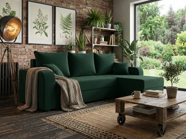 Razvlačna kutna garnitura L VALERIO 238x140 cm, tamno zelena + 2 jastuka GRATIS, univerzalna