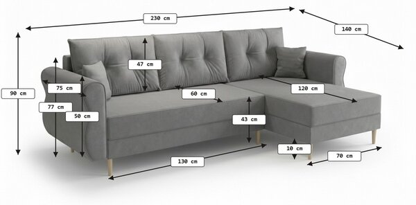 Razvlačna kutna garnitura L SILVIANO 230x140 cm, bež, univerzalna