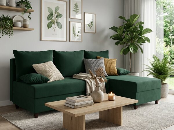 Razvlačna kutna garnitura L VALERIO SLIM 200x140 cm, tamno zelena + 2 jastuka GRATIS, univerzalna
