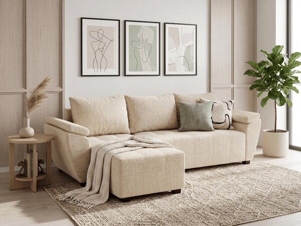 Razvlačna kutna garnitura L LIVARO 305x140 cm, krem, univerzalna