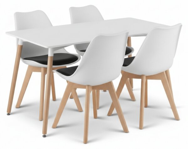 Blagovaonski set 1 + 4, bijeli stol ADRIA 120x80 cm + bijelo-crna stolica BALI MARK s bukovim nogama