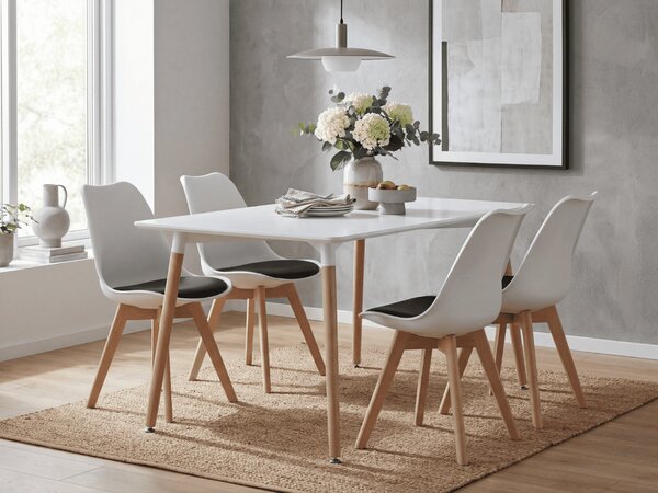 Blagovaonski set 1 + 4, bijeli stol ADRIA 120x80 cm + bijelo-crna stolica BALI MARK s bukovim nogama