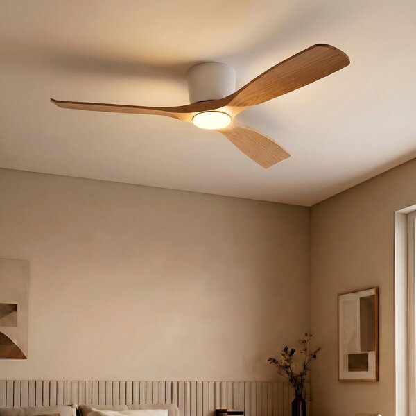 Moneno LED stropni ventilator, bijela/drvo - Lucande Lucande, Moneno, prigušiv, Drvo, Dnevna soba, Metal, Moderan