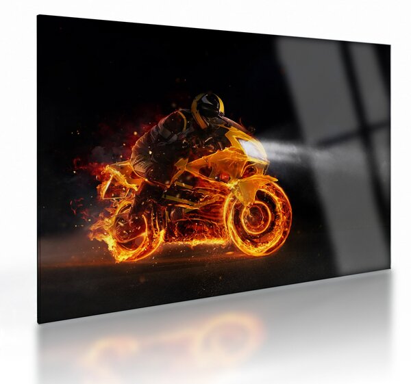 Staklena slika - Motociklist s plamenom (70x50 cm)
