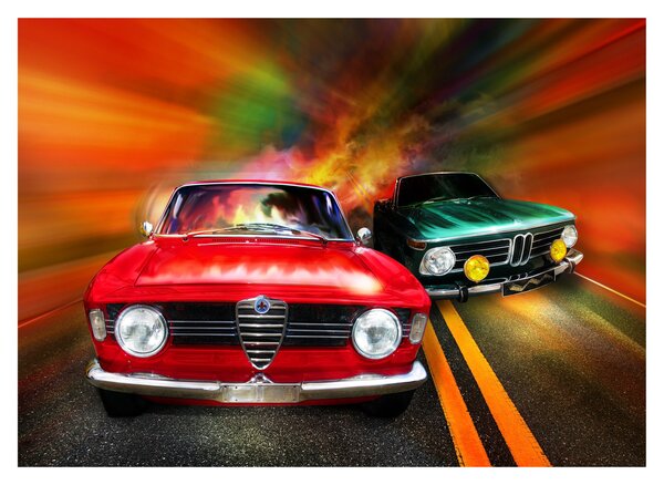 Staklena slika - Retro trkaći automobili (70x50 cm)
